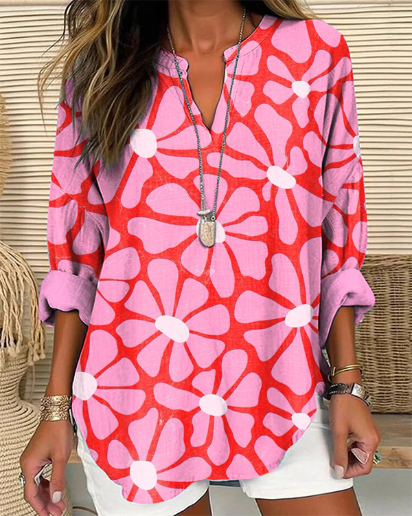 Vintage Pink Floral Print Long Sleeve Loose Top