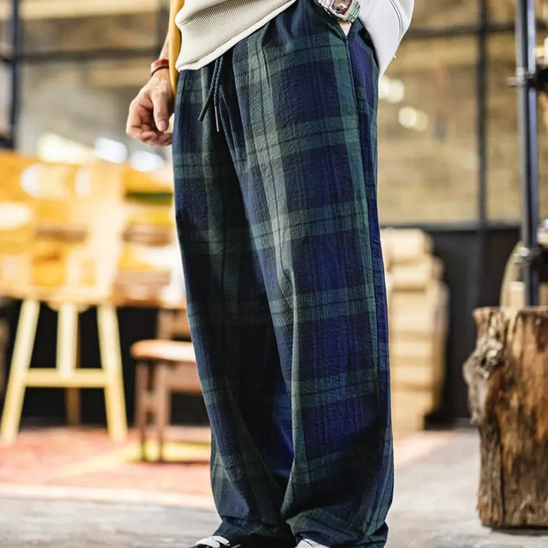 Men's Textured Plaid Relaxed-Fit Trousers