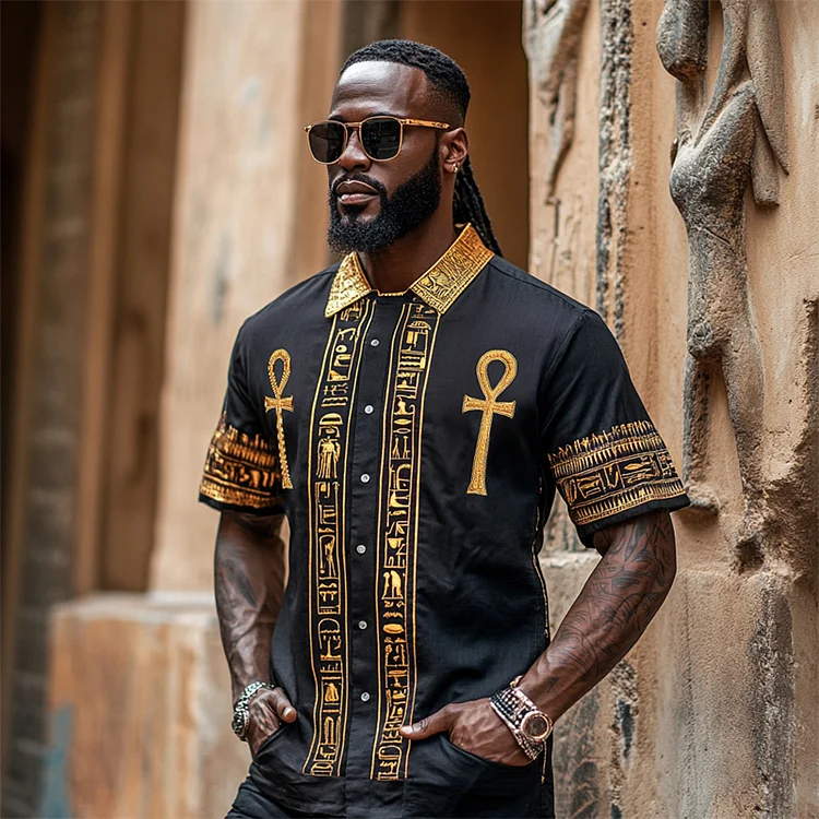 Men's Ankh Ancient Egyptian Embroidered Linen Shirt