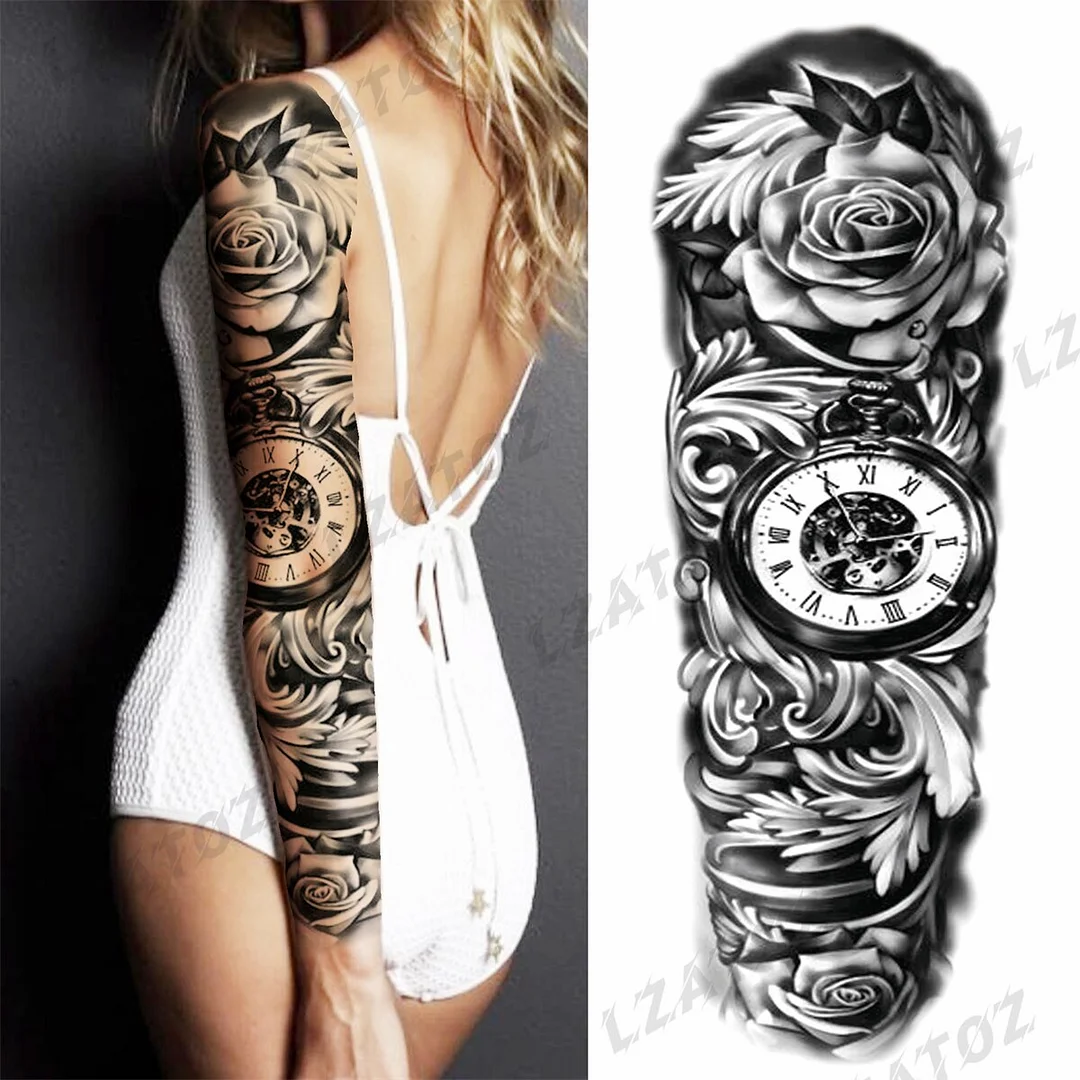 Sdrawing Sleeve Temporary Tattoos For Men Women Realistic Pirate Ship Wolf Tiger Skull Rose Flower Fake Tattoo Sticker Arm Tatoos