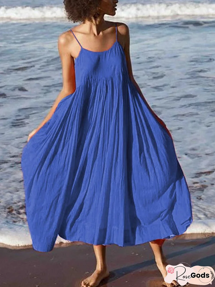 Women's Midi Boho Dresses Summer Sleeveless Loose Plain Casual Sundress