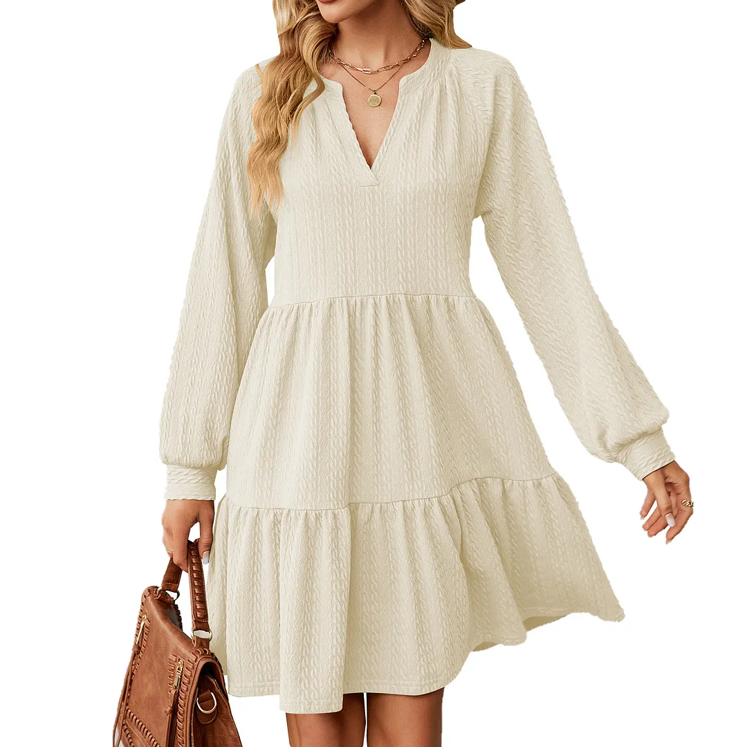 Churchf Churchf Autumn And Winter New V Collar Small Twist Pure Color Long Sleeve Loose Casual Dress Female