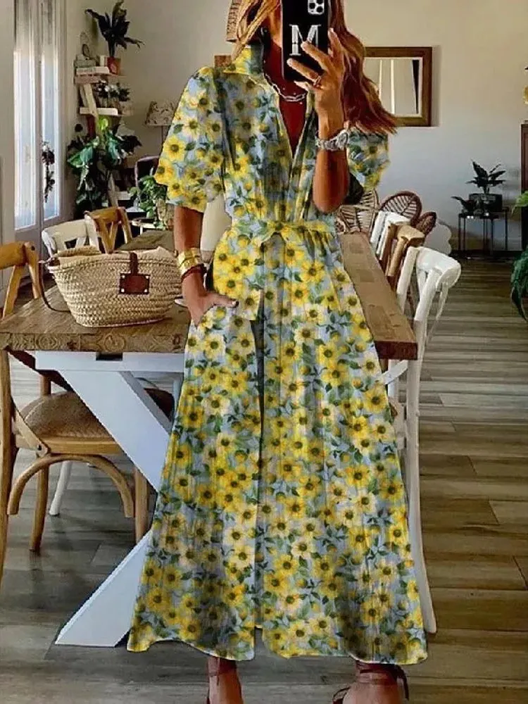 Women's Short Sleeve V-neck Graphic Floral Printed Maxi Dress