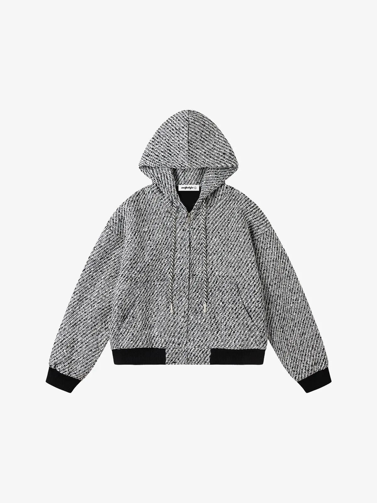 White Grey Act Chic Chunky Knit Stripe Zip-Up Hooded Jacket Front