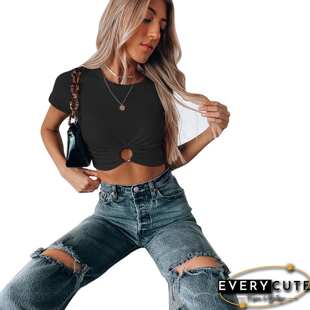 Aesthetic Crop Tops Summer Women Short Sleeve Knitted Tshirt With Hollow Ring Slim Streetwear Cropped Feminino
