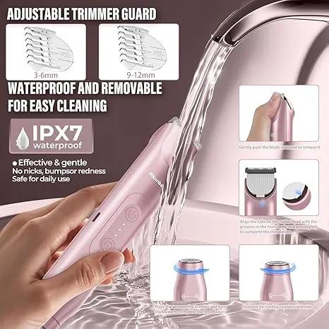 2 in 1 Women Electric Shaver Dual Head Bikini Trimmer IPX7 Waterproof Wet and Dry Dual Use Body Hair Trimmer Facial Hair Remover for Bikini Underarms Legs Arms Body Face Pink