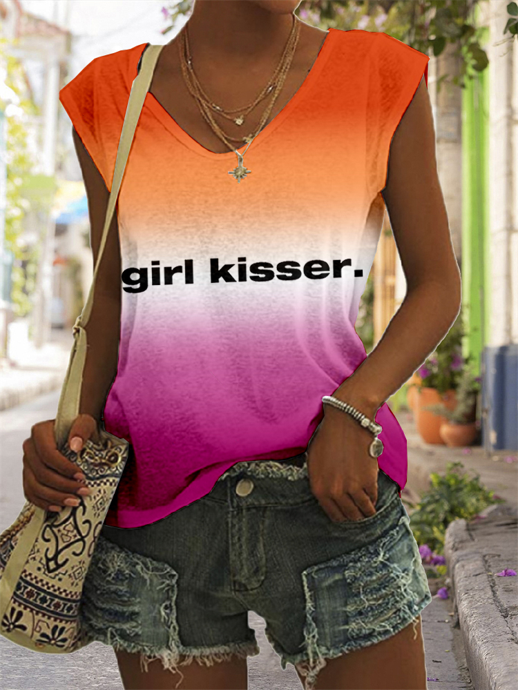Comstylish Lesbian Pride Girl Kisser Gradient V Neck Tank Top