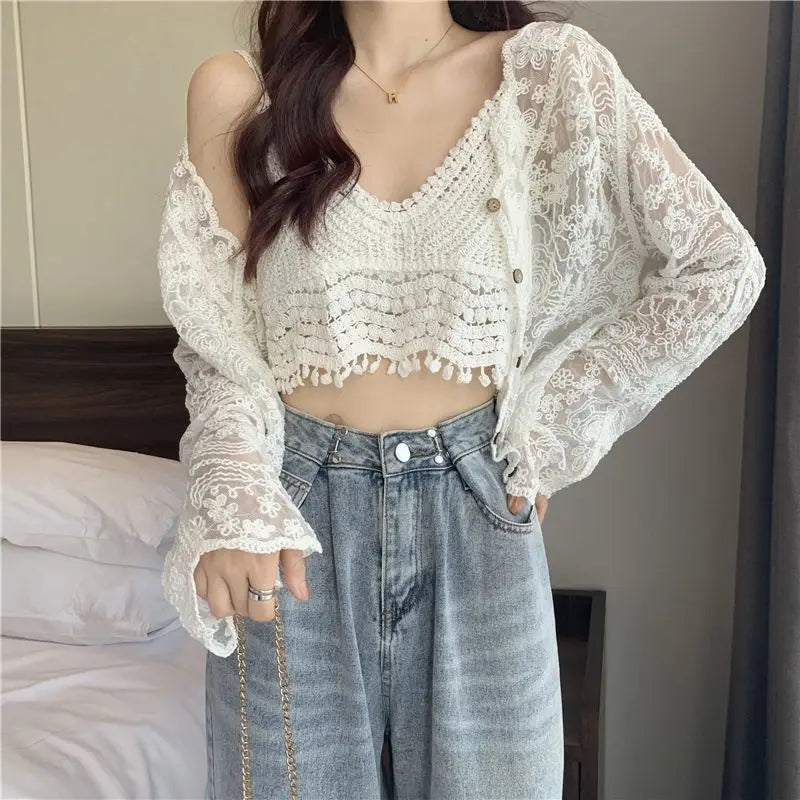 OLCooL See Through Shirt Women Lace Blouse Summer Sun-Proof Sweet Sheer Tops Preppy V-Neck Casual Trendy Harajuku Basic Korean Blouse olcool