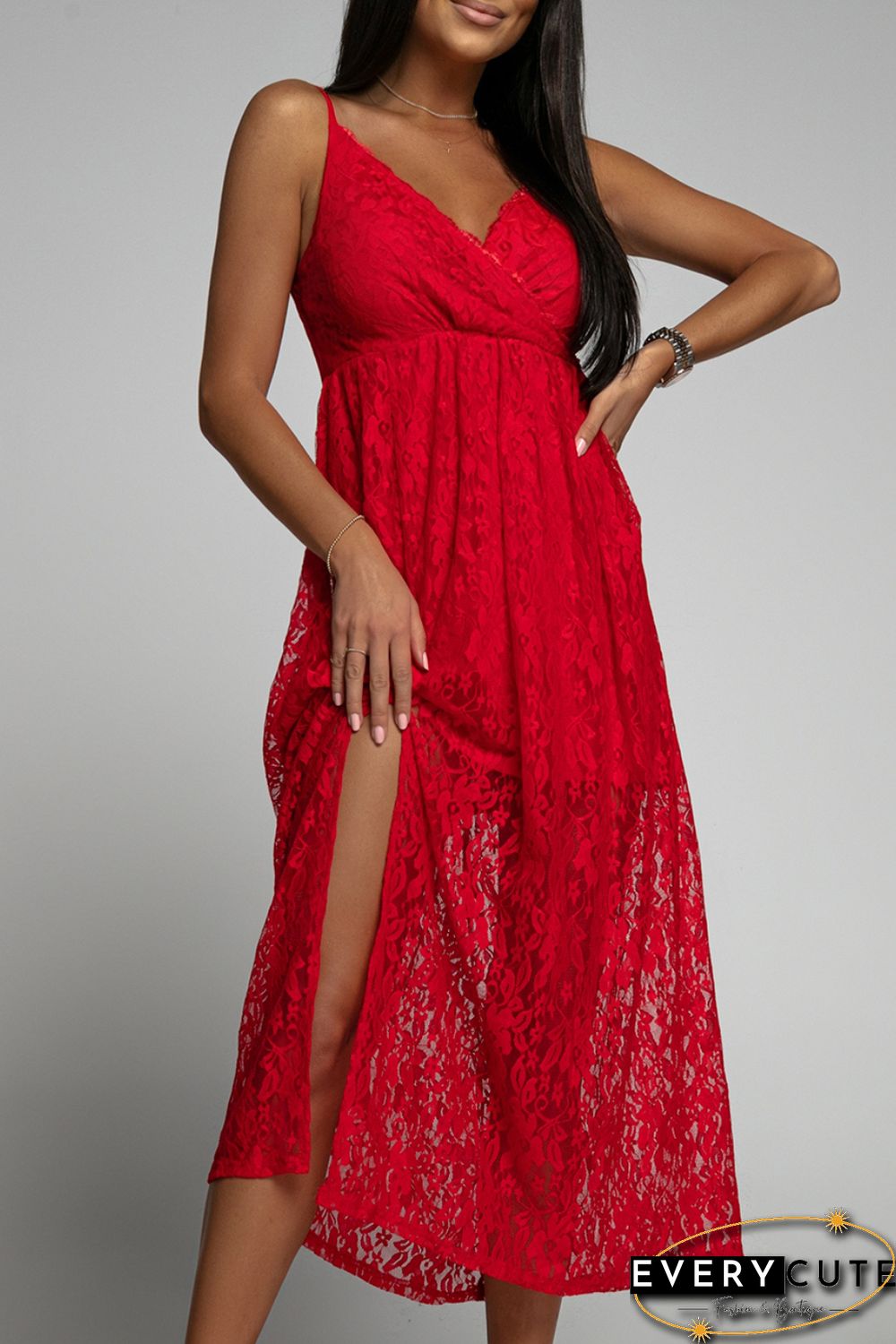 Red Lace V Neck Wrap Spaghetti Straps Maxi Dress