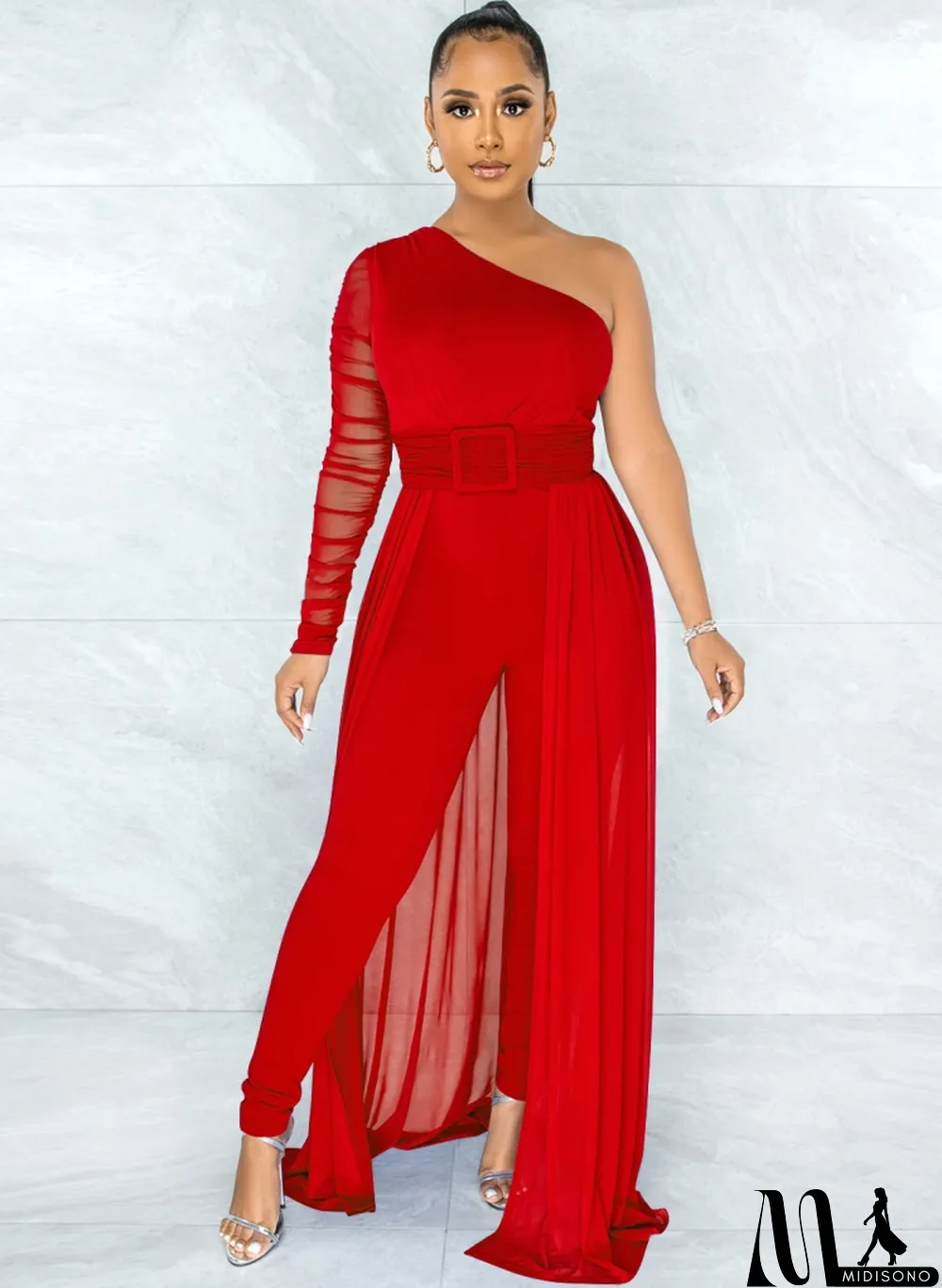 MidiSono - Women Summer Red Romantic Slash Neck Full Sleeves Solid Mesh Ripped Full Length Regular Jumpsuit