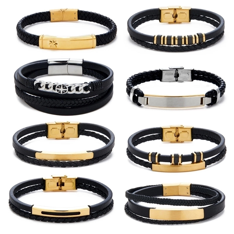 Casual Streetwear Geometric 304 Stainless Steel Pu Leather Braid 18K Gold Plated Men's Bracelets