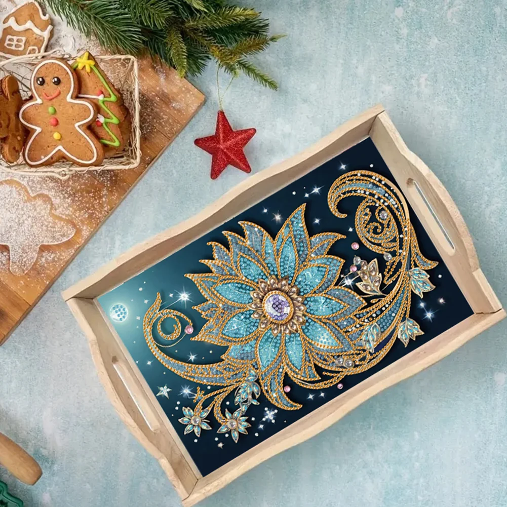 Wooden Decorative Flowers 5D DIY Diamond Painting Tray Art Craft with Handle