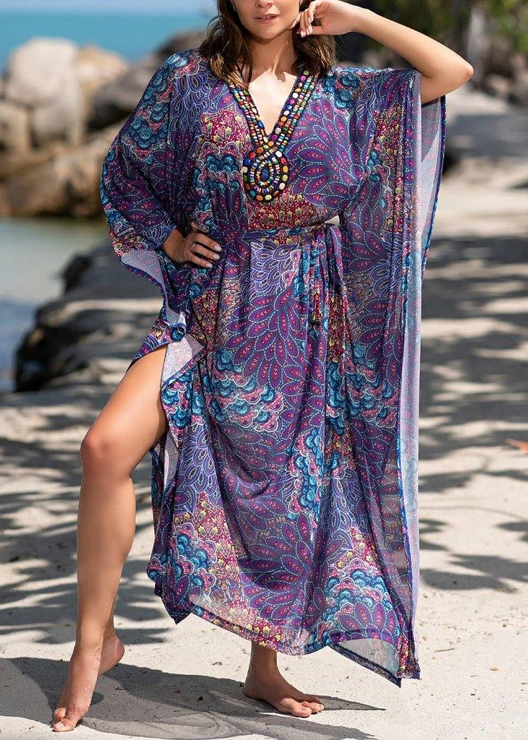 Fitted Purple Print V Neck Beach Gown Holiday Dress Summer