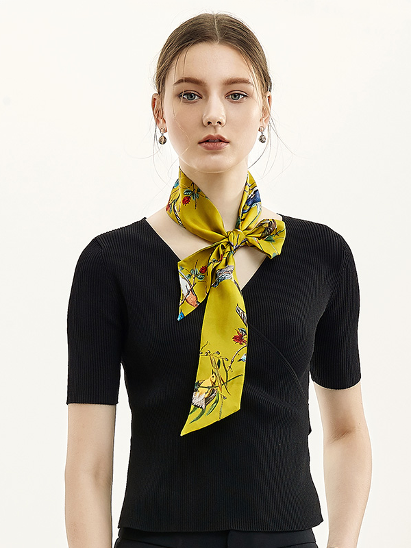 Twilly en soie jaune vert motif d'oiseaux-Soieplus