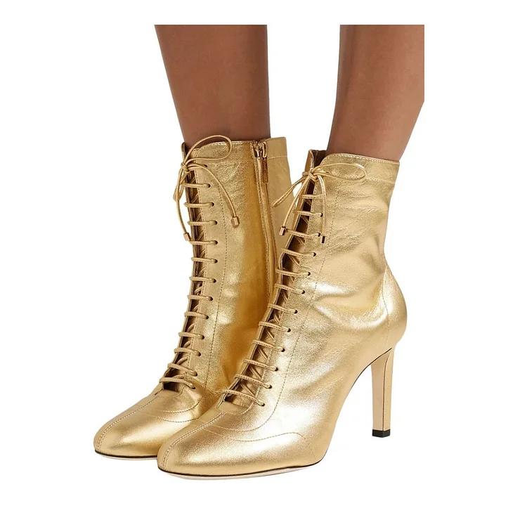 Metallic Gold Lace Up Boots Round Toe Block Heel Booties for Women |FSJ Shoes