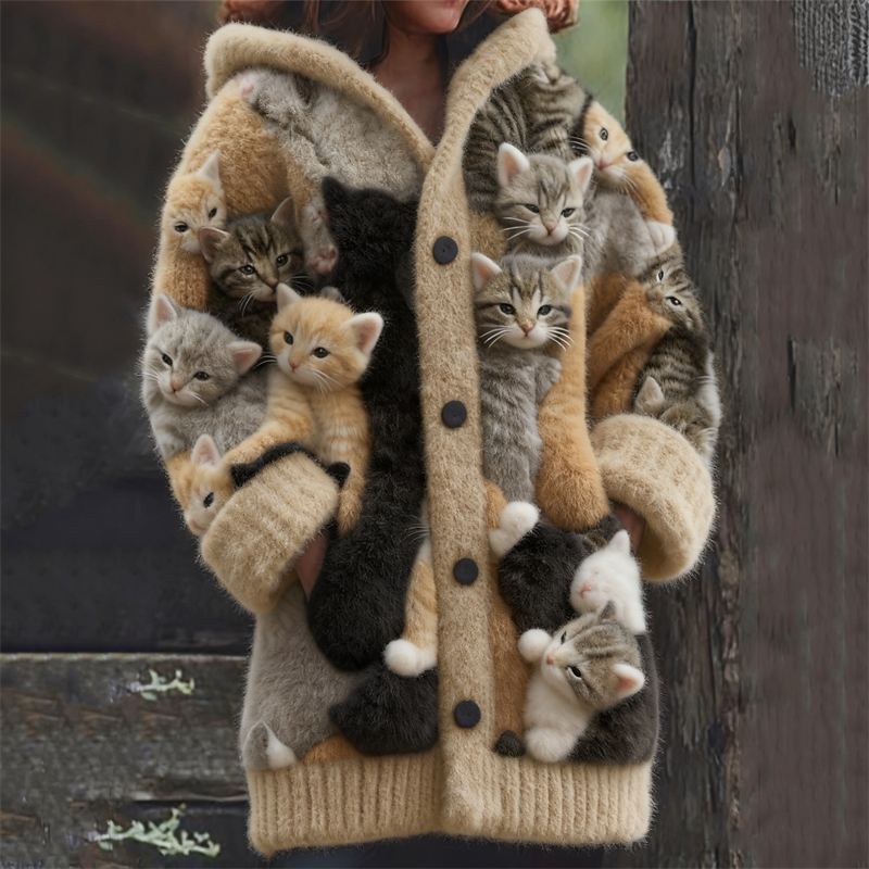 Lovely Crowded Cats Felt Art Cozy Hooded Cardigan wearshes