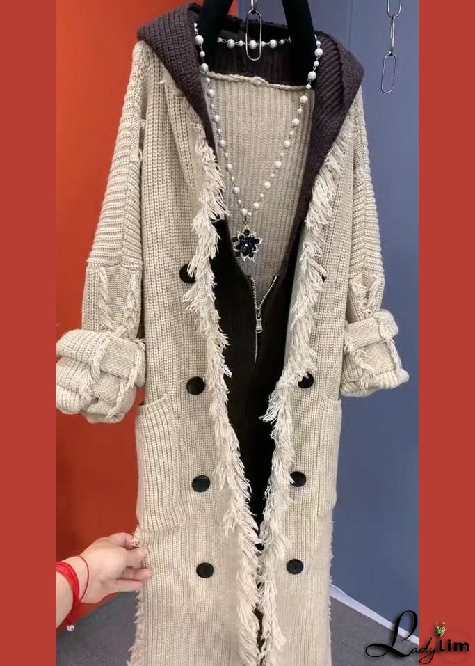 Fashion Beige Tasseled Patchwork Knit Hooded Coat Fall