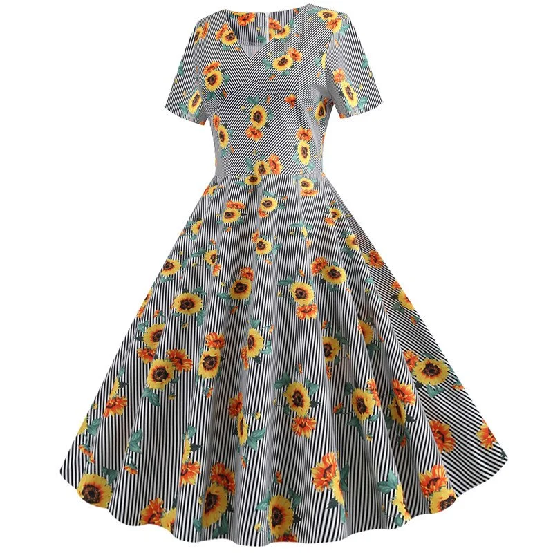 New Summer Striped Floral Print Vintage Midi Dress Women Elegant V Neck Short Sleeve Party Vestidos Slim Casual Sundress Robe