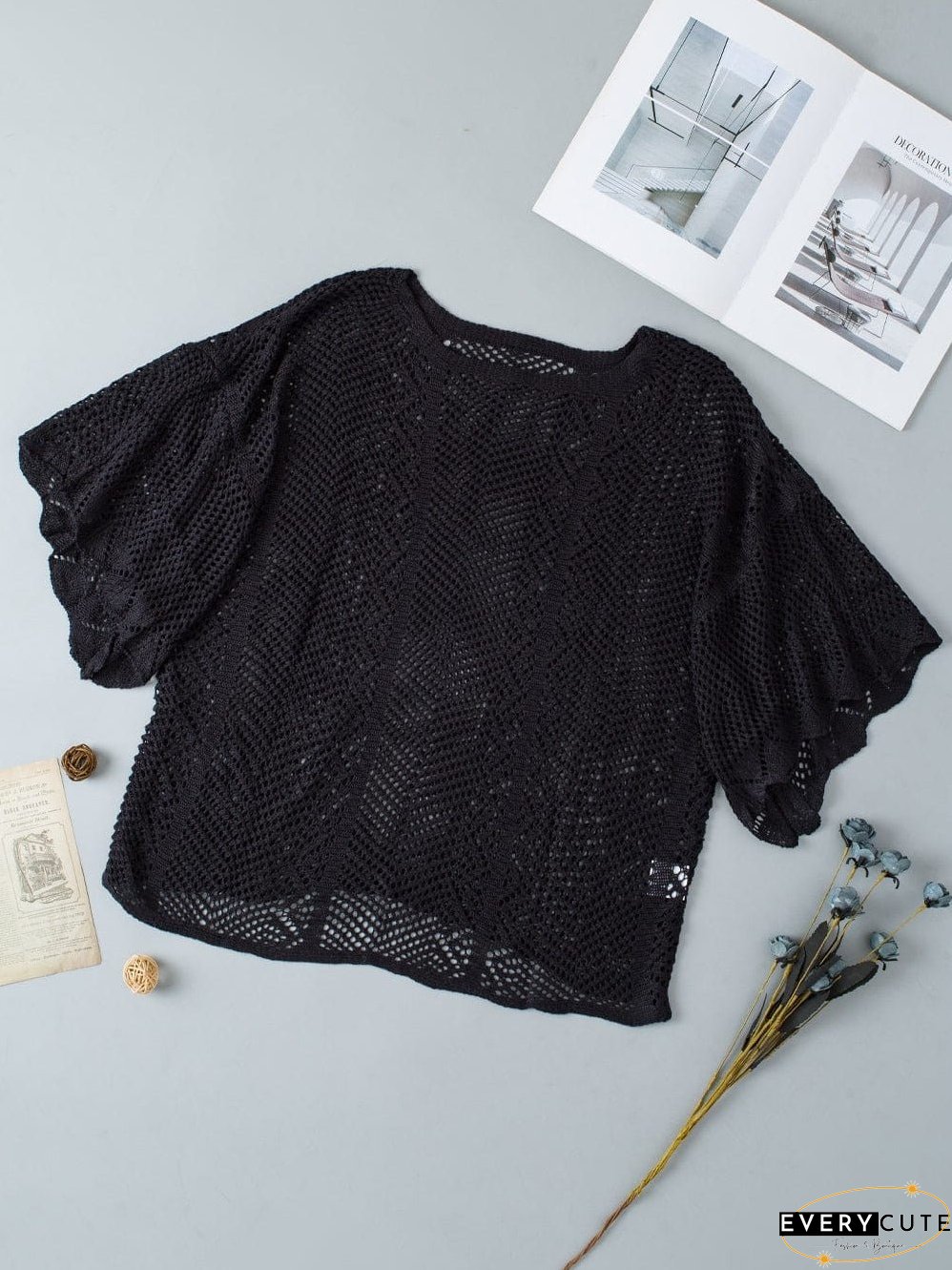 Pointelle Knit Black Scallop Trim Short Sleeve Top