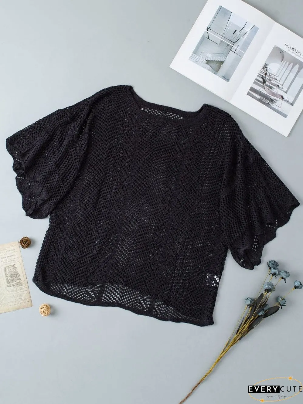 Pointelle Knit Black Scallop Trim Short Sleeve Top