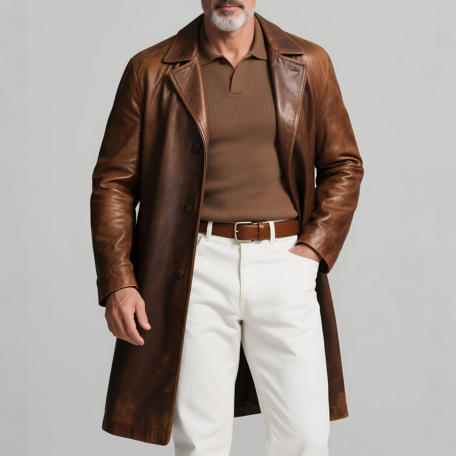 Men's Vintage PU Leather Notched Lapel Long Sleeve Button Mid-Length Overcoat