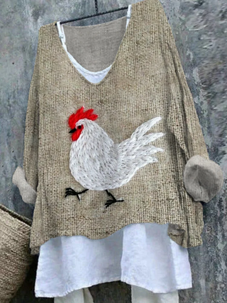 Comstylish Farm Chicken Animal Embroidered Linen V-Neck T-Shirt