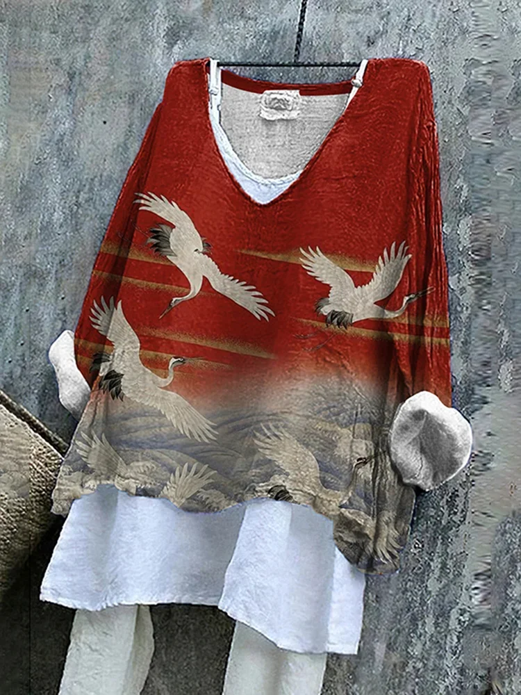 Women's Japanese Art Sakura Crane Loose Casual Shirt