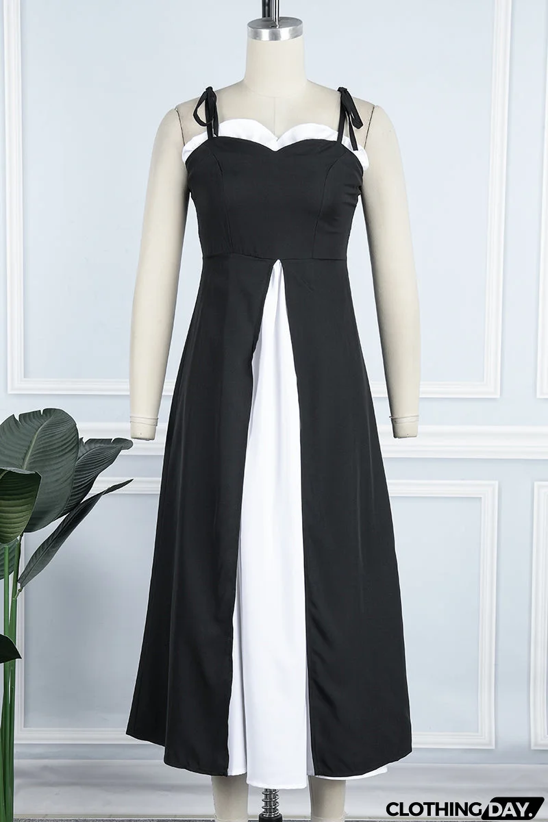 Sexy Casual Patchwork Backless Slit Contrast Spaghetti Strap Sleeveless Dress Dresses