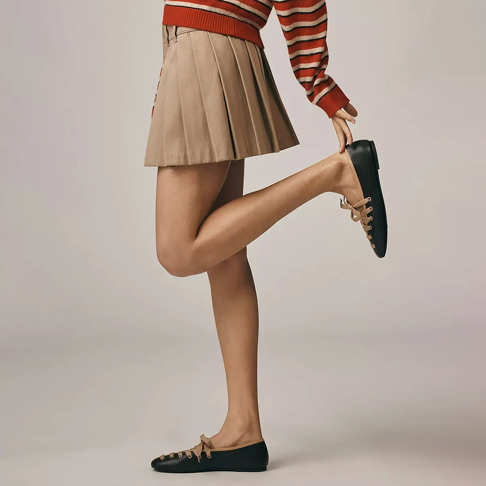 Vintage Black Round Toe Lace Up Ballet Flat Shoes for Women