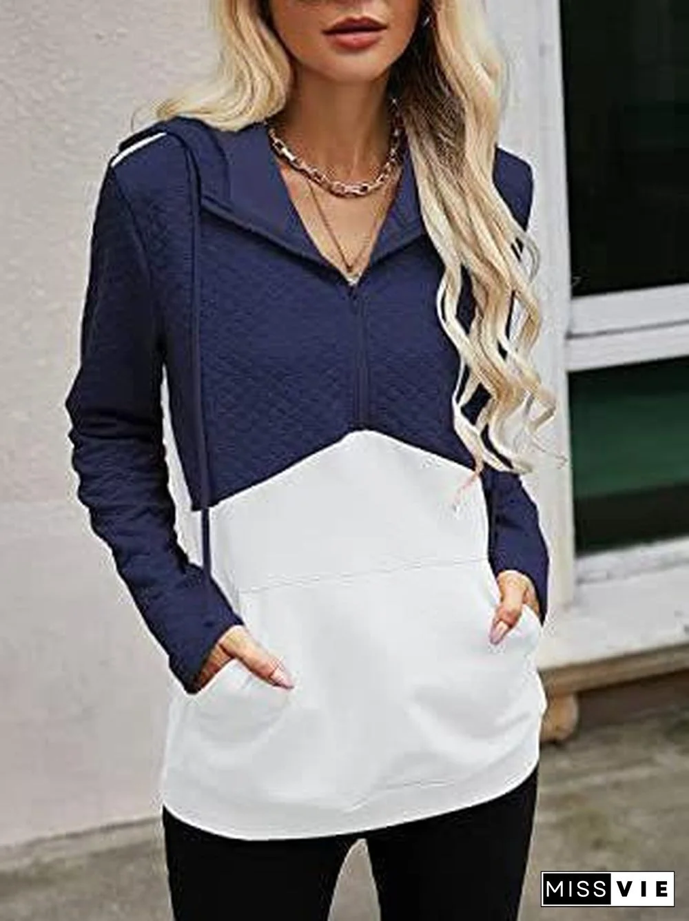 Women's Stitching Hooded Zippe Long Sleeve V-neck Tops