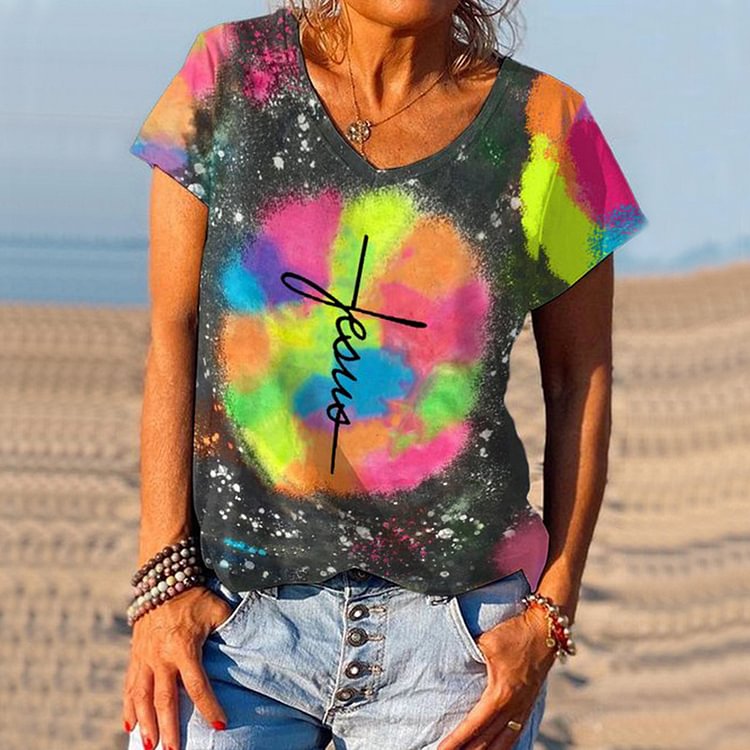 Artwishers Faith Cross Multicolor Tie-Dye V-Neck T-Shirt