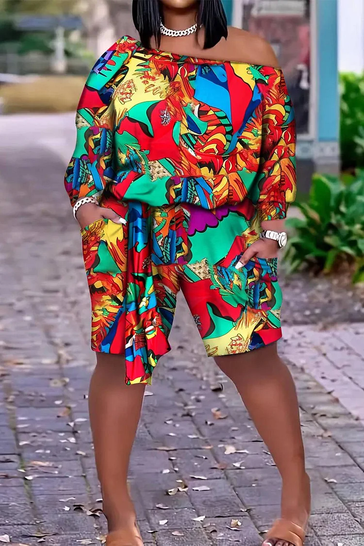 Xpluswear Plus Size Vacation Multicolor All Over Print Off The Shoulder Lantern Sleeve Wrap Knitted Rompers [Pre-Order]