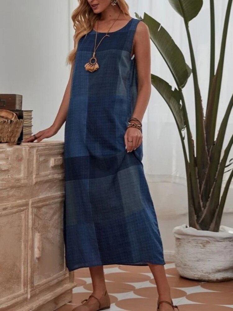 2021 Women's Summer Ladies Loose Dress Large Size Loose Plaid Cotton and Linen Dress