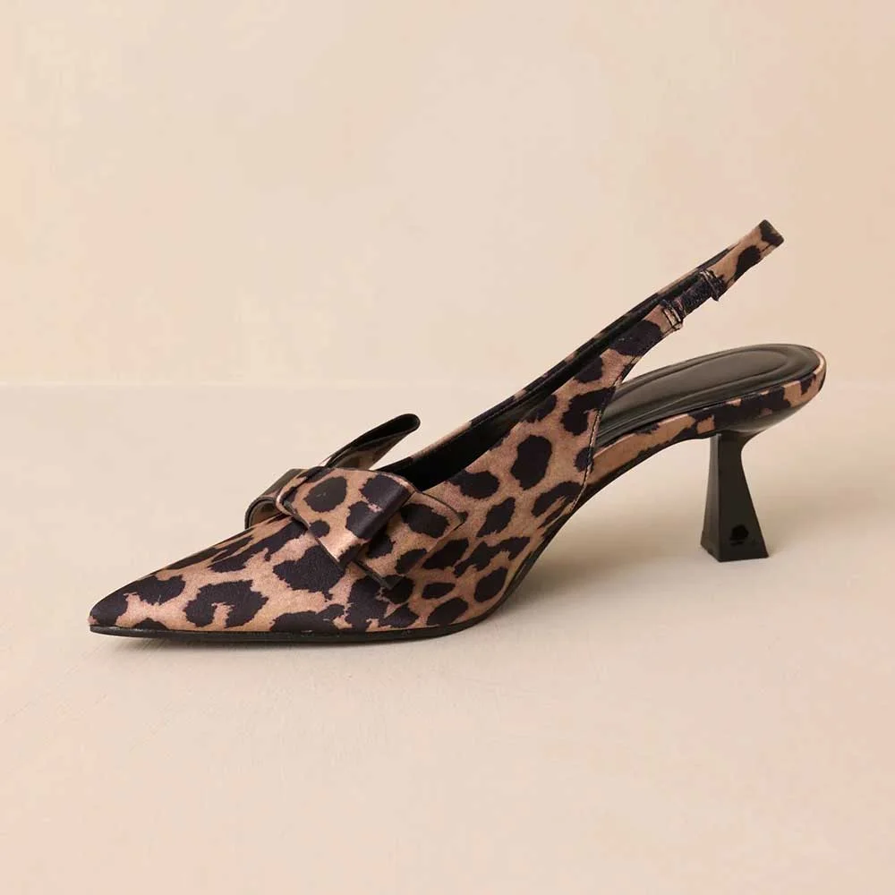 Brown Leopard Print Pointed Toe Bow Slingback Shoes with Flared Heel