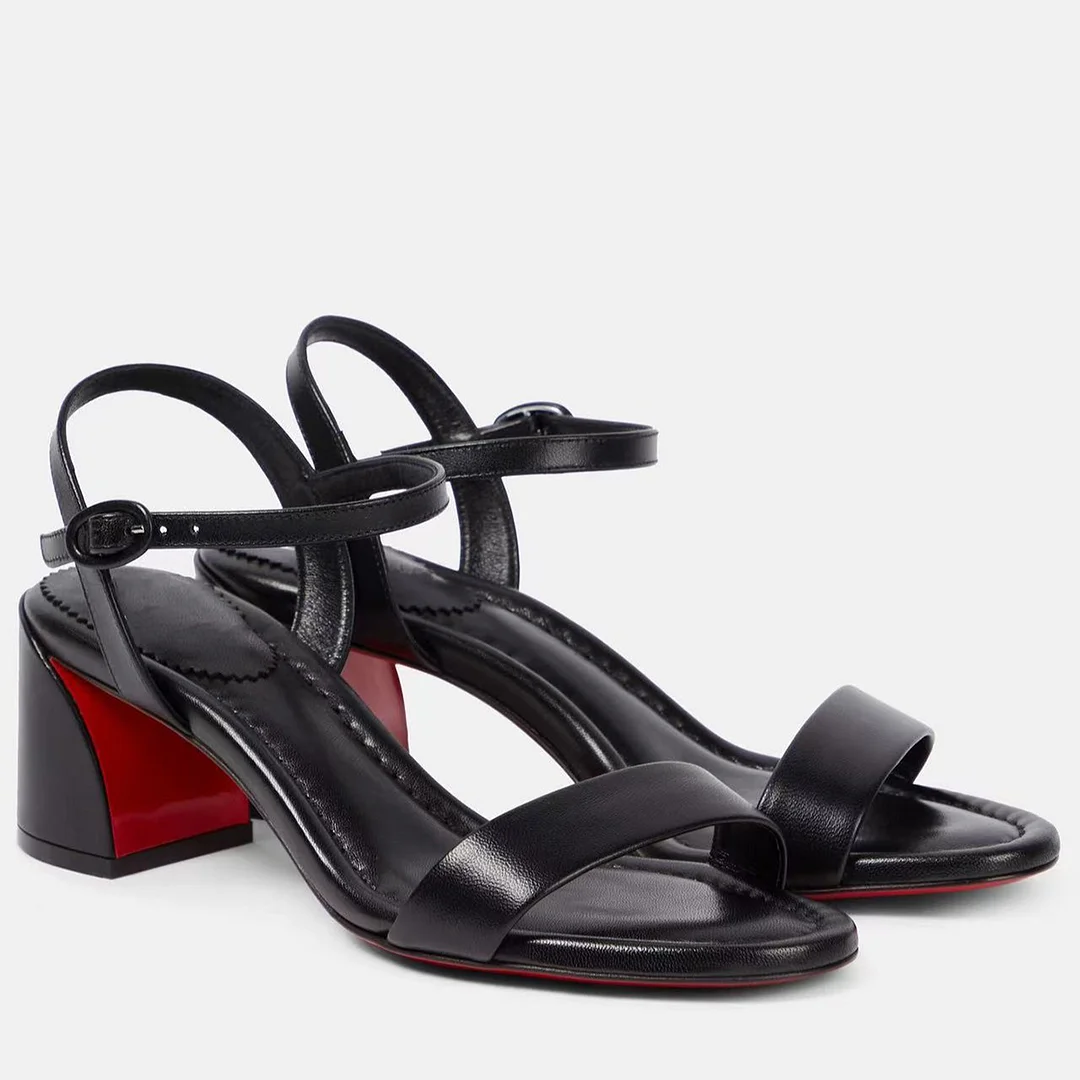 55mm Women's Thick Mid-Heel Round Toe Open Toe Red Bottom Sandals-MERUMOTE