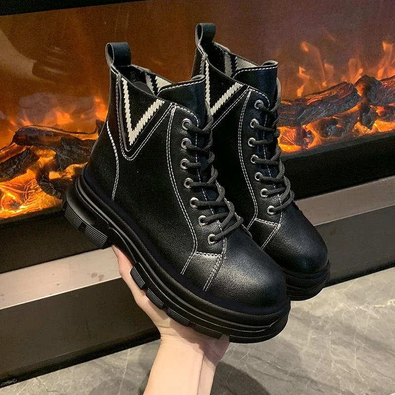 Black White Platform Boots Women 2021 Fashion Chunky Ankle Boots For Women Shoes Designer Punk PU Leather Combat Boots Female
