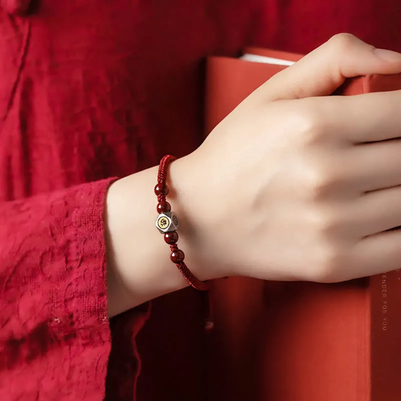 925 Sterling Silver Chinese Zodiac Natal Buddha Cinnabar Calm Bracelet