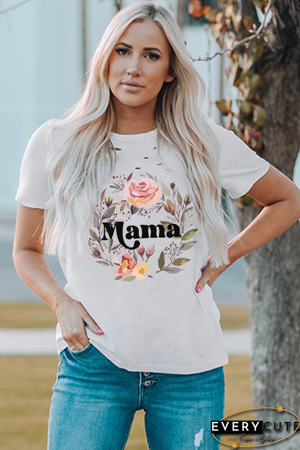 White Boho Flowers Mama Graphic Pothole Shirt