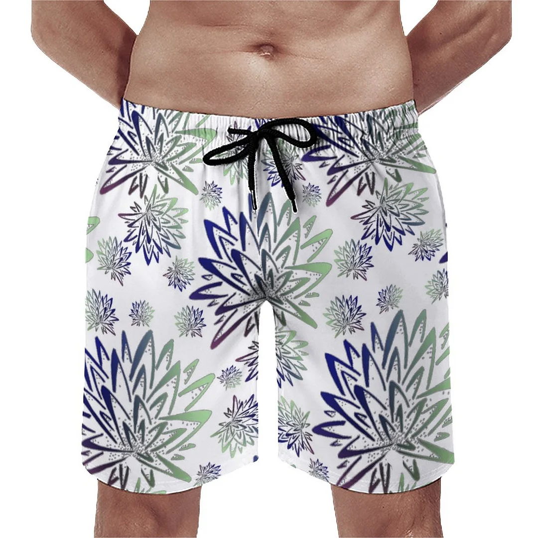Abstract Blue Thistles Floral Men's Swim Trunks Summer Board Shorts Quick Dry Beach Short with Pockets