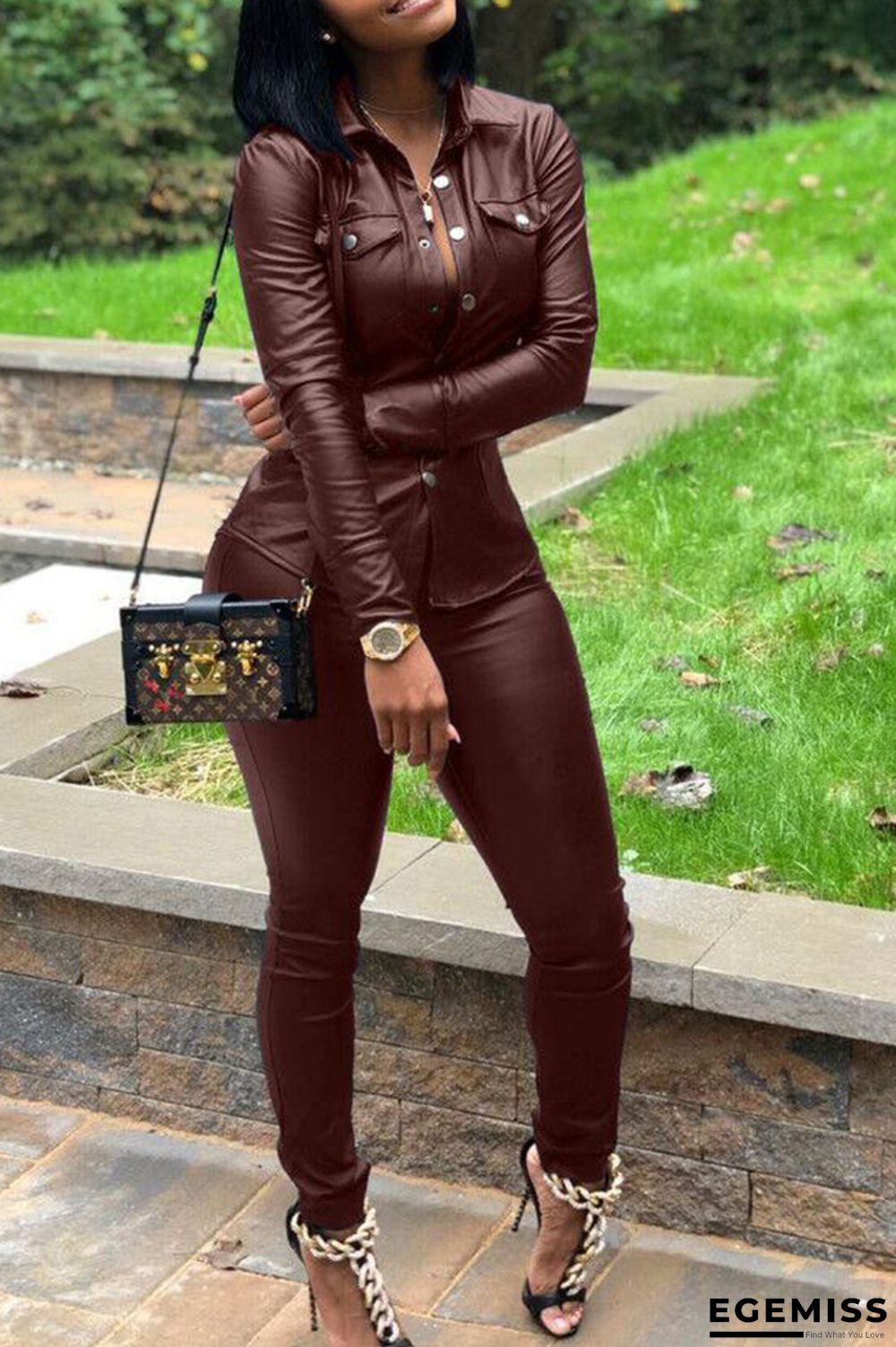 Wine Red Elastic Fly Long Sleeve Mid Print Patchwork pencil Pants | EGEMISS