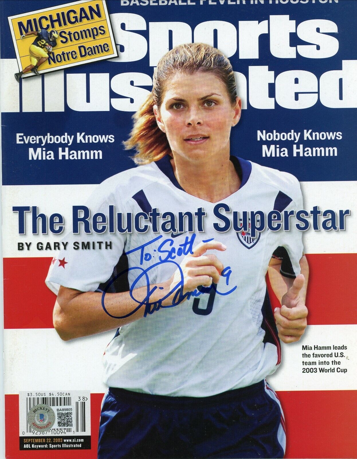 MIA HAMM USWMT WORLD CUP SOCCER SPORTS ILLUSTRATED SIGNED AUTOGRAPHED BECKETT