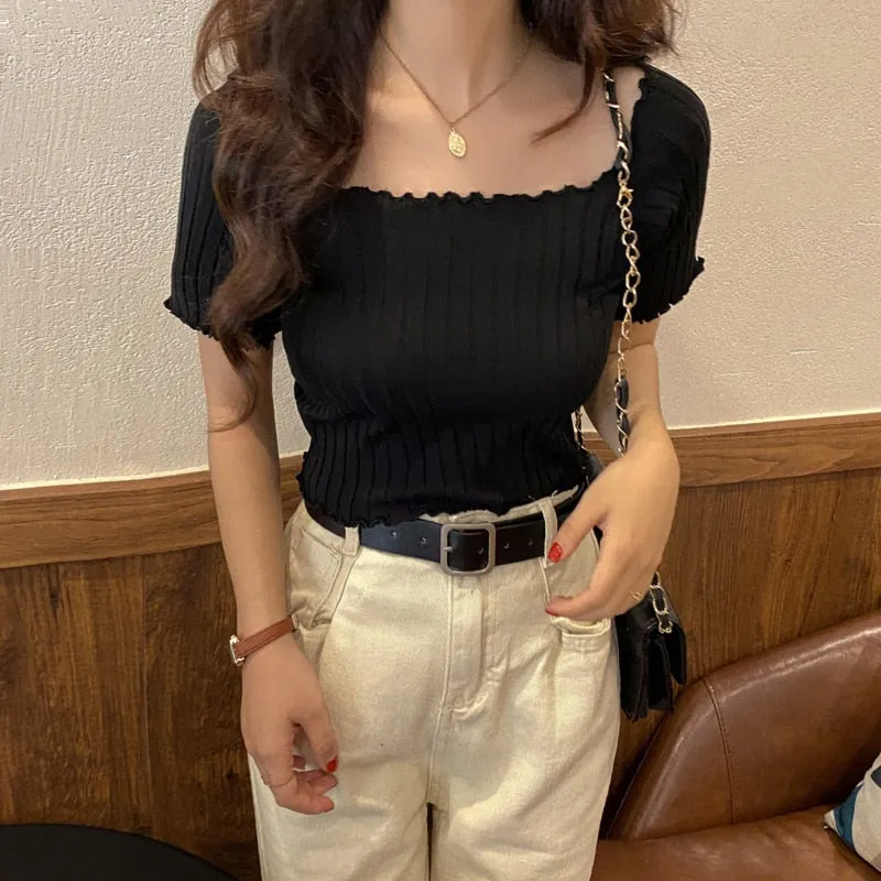 Ribber Slash Neck T-shirt Off Shoulder Knitting Crop Tops Women Short Sleeve Stretchy Ruffles Female Tshirt Stripes Summer Top