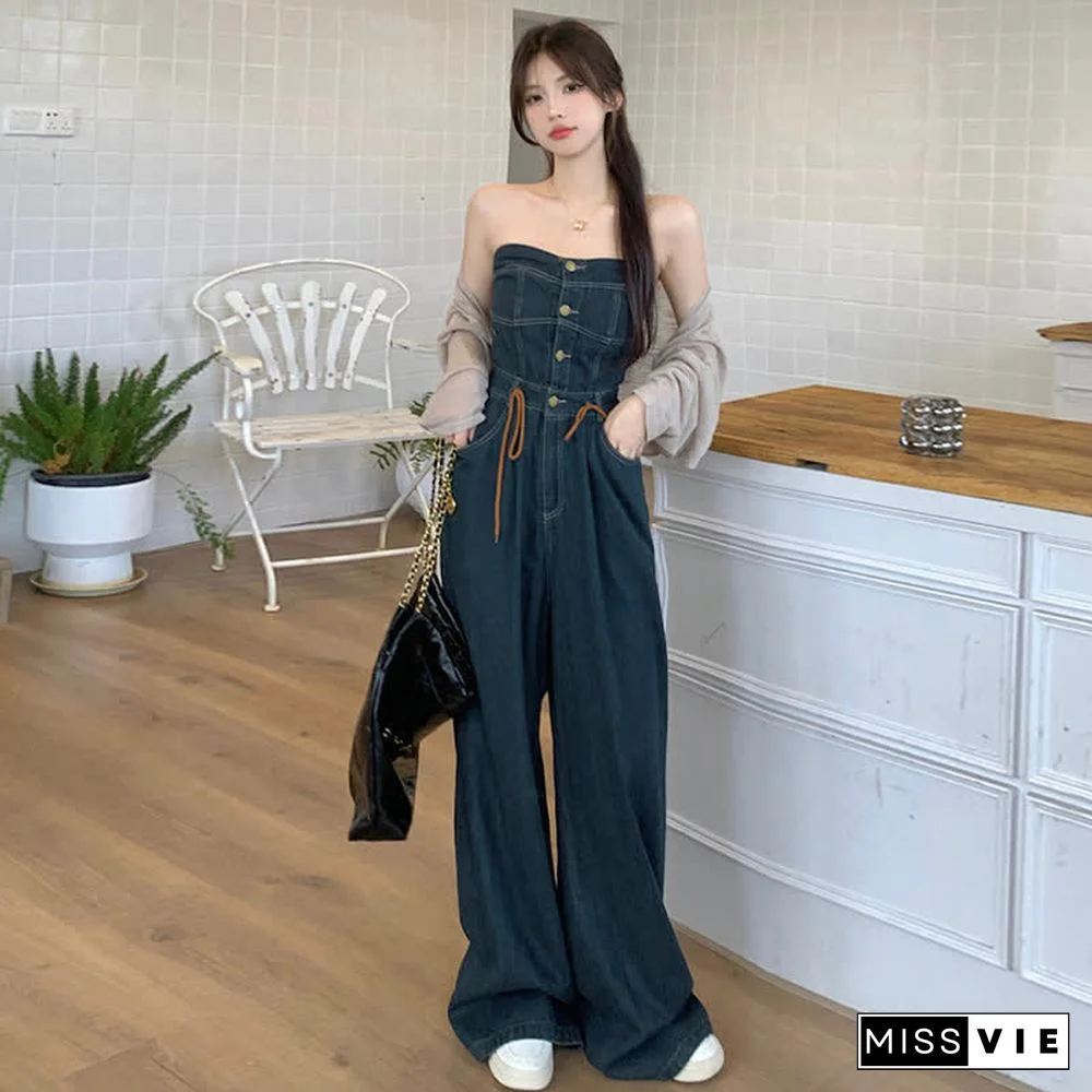 Pure Color Knit Cardigan Off The Shoulder Lace Up Denim Overalls