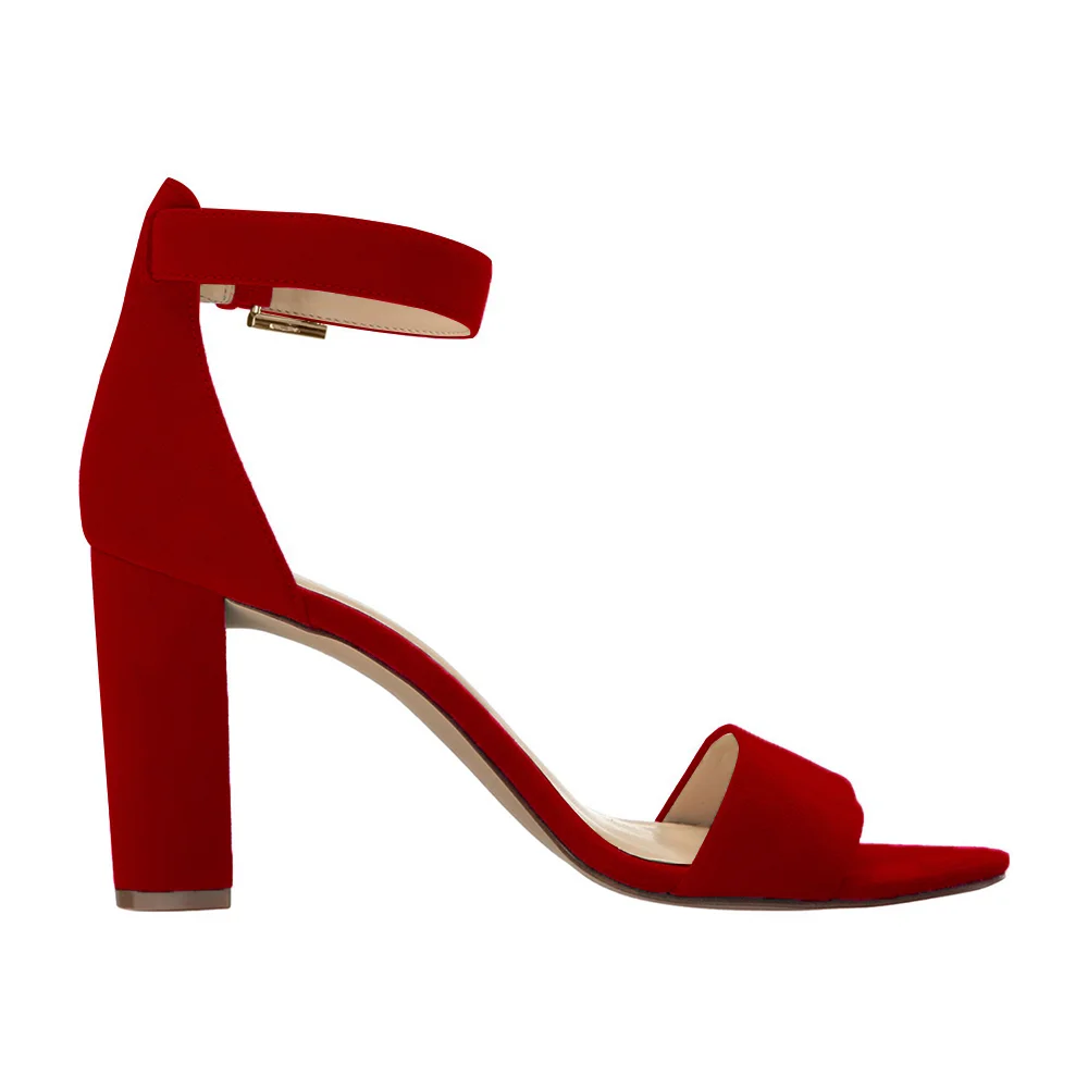 90mm Women's Ankle Strap Pumps Block Heel Suede Sandals Summer Shoes-MERUMOTE