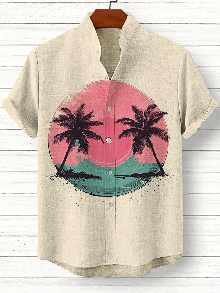 Men's Vinyl Record Coconut Trees Art Print Casual Shirt