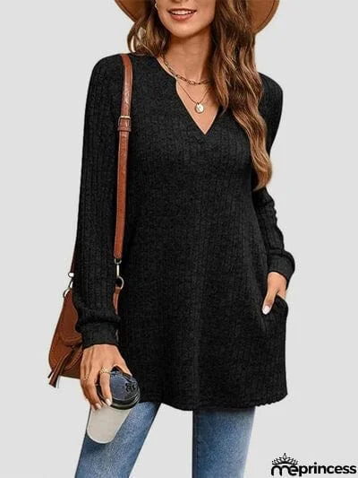 Slit Notched Pocketed Long Sleeve T-Shirt
