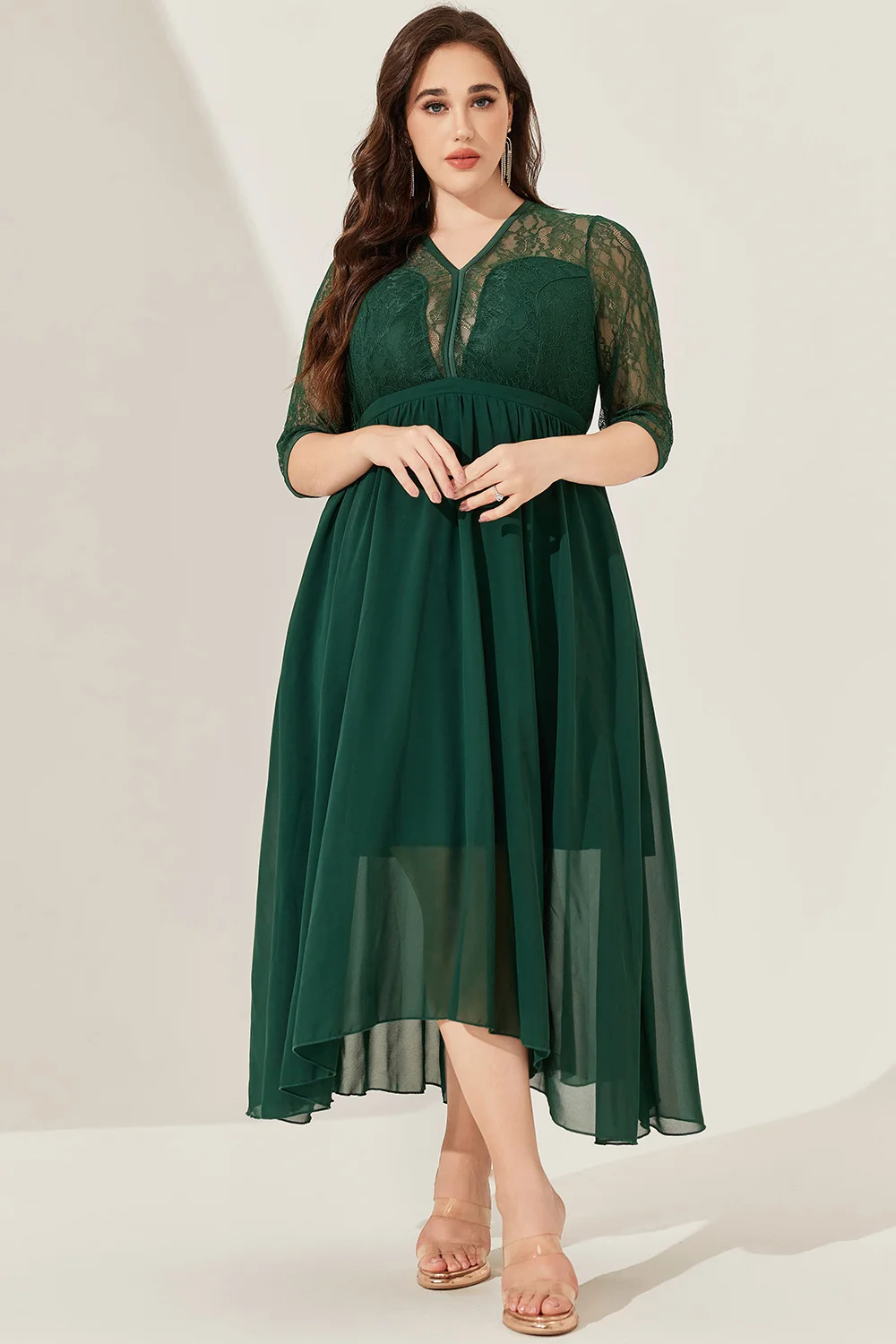 slim fit dress slacks Berylove Women Dark Green A Line Maxi Mother Dress Plus Size Bateau Neck Slit Sleeves Wedding Party Guest Dress, Dark Green / 3XL main image 1