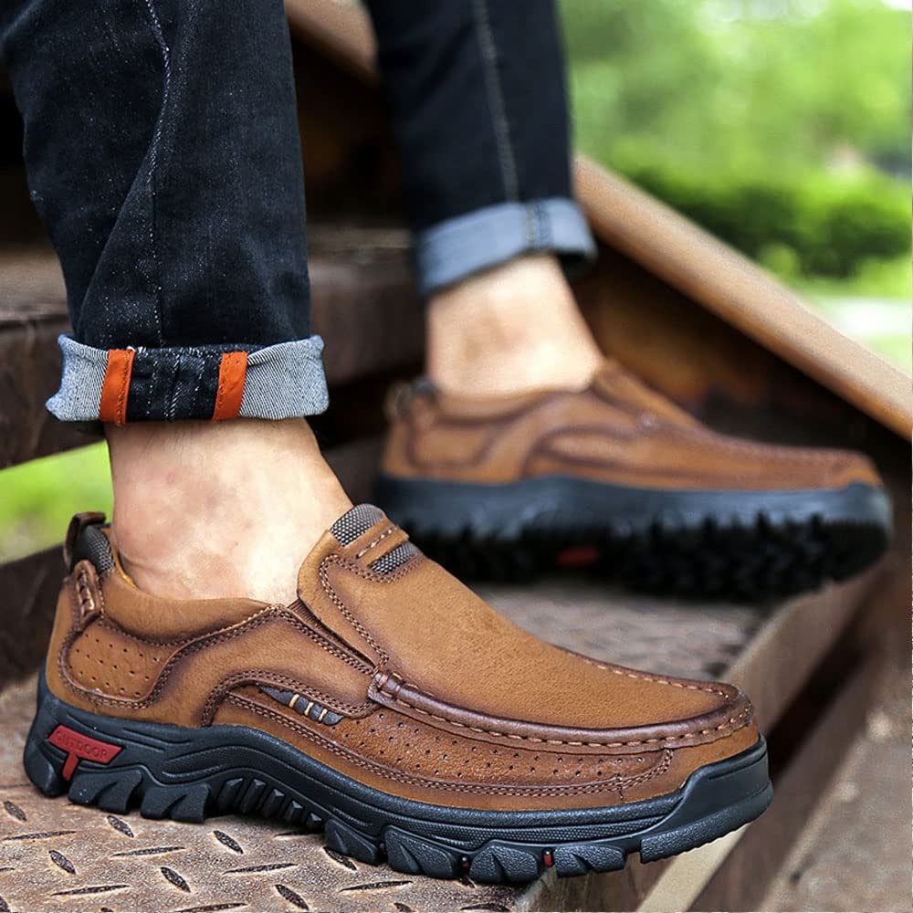 Mens Non-slip Walking Shoes Leather Lightweight Breathable Casual Loafers