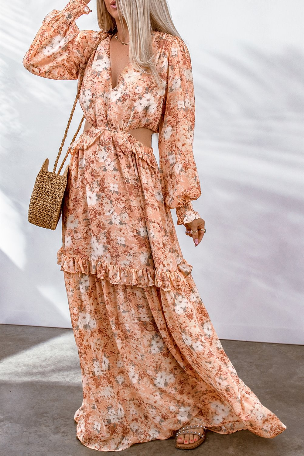 Apricot Frill Trim Cutout Waist Long Floral Dress-PABIUYOU- Women's Fashion Leader