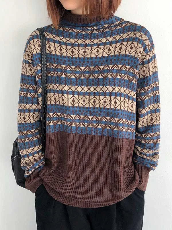 Artistic Retro Vintage Jacquard High-Neck Long Sleeves Sweater Top